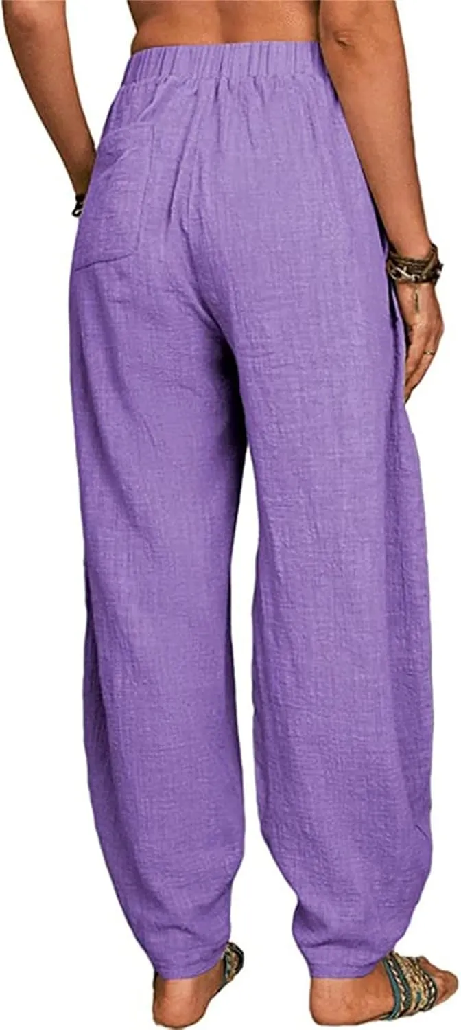 Cotton Linen Pants for Women Summer Casual Capri Pant Waist Elastic Comfy Loose Women's Palazzo Trousers with Pockets