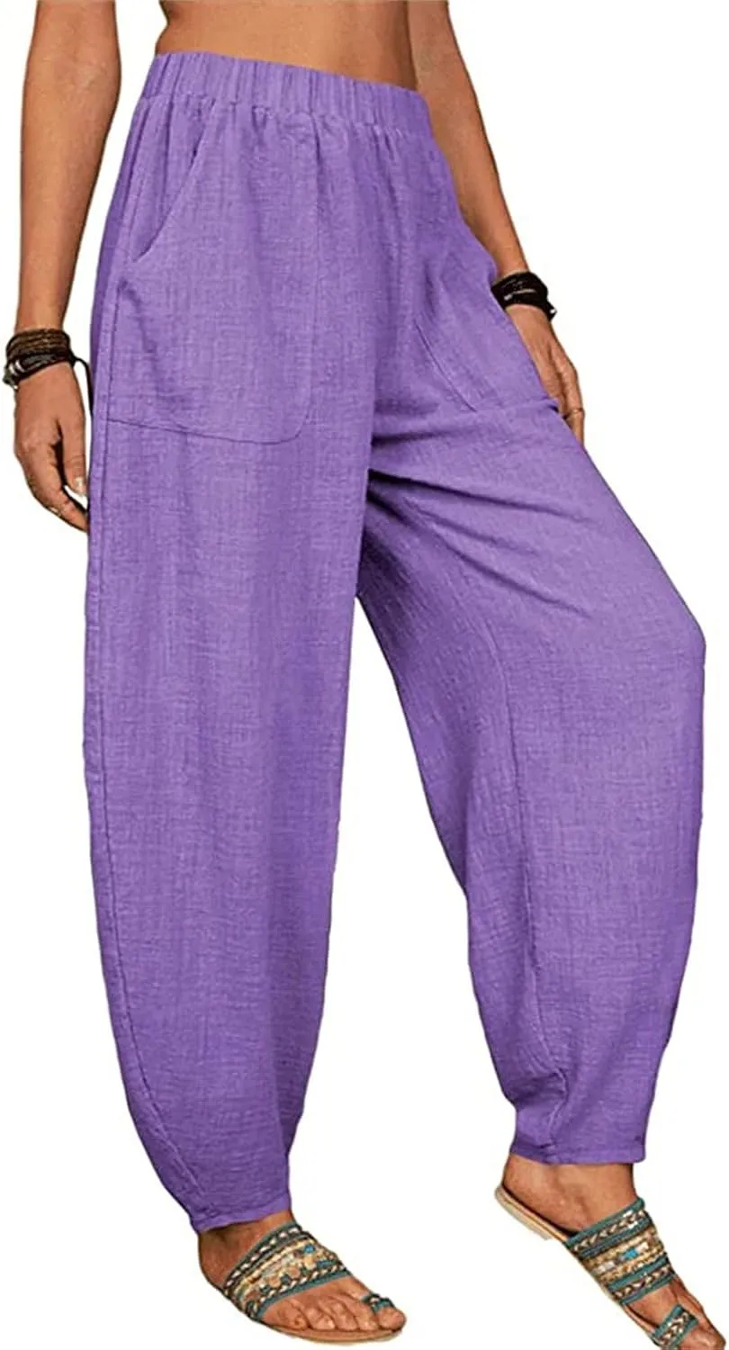Cotton Linen Pants for Women Summer Casual Capri Pant Waist Elastic Comfy Loose Women's Palazzo Trousers with Pockets