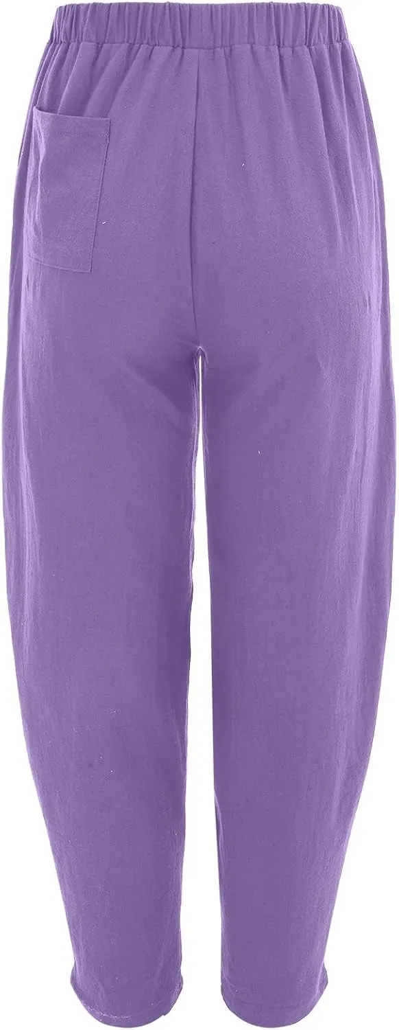 Cotton Linen Pants for Women Summer Casual Capri Pant Waist Elastic Comfy Loose Women's Palazzo Trousers with Pockets