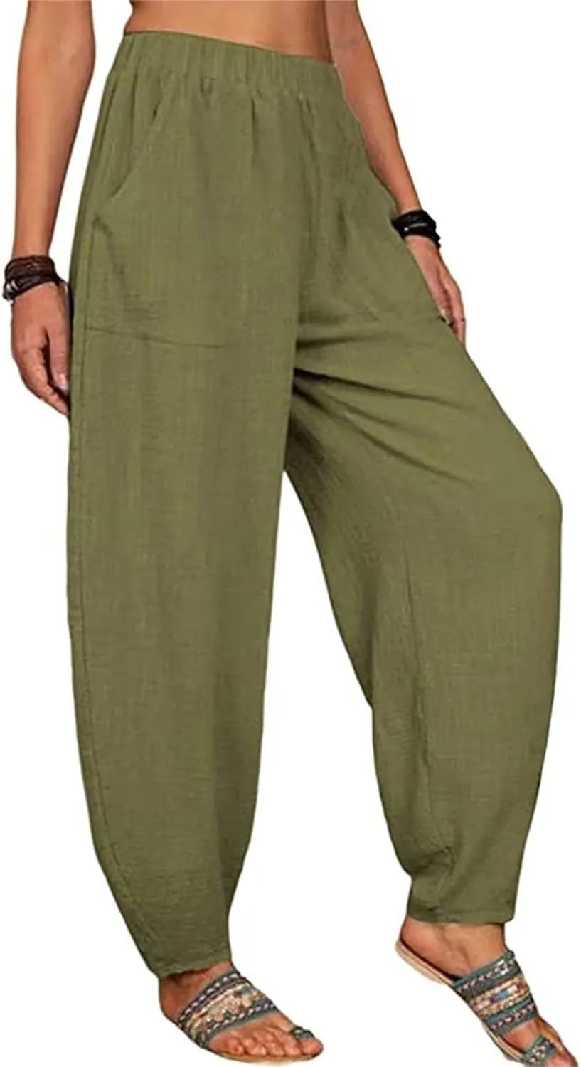 Cotton Linen Pants for Women Summer Casual Capri Pant Waist Elastic Comfy Loose Women's Palazzo Trousers with Pockets