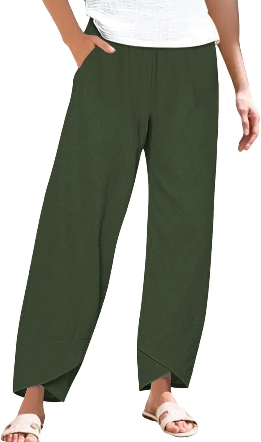 Cotton Linen Pants for Women Summer Casual Capri Pants High Waist Elastic Comfy Loose Palazzo Trousers with Pockets
