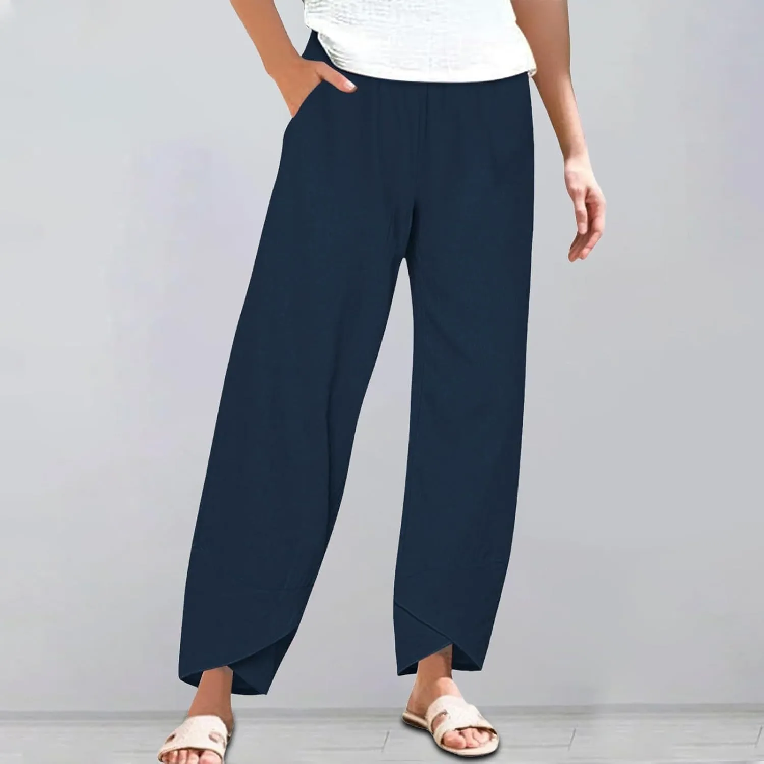 Cotton Linen Pants for Women Summer Casual Capri Pants High Waist Elastic Comfy Loose Palazzo Trousers with Pockets