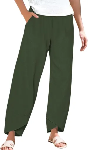 Cotton Linen Pants for Women Summer Casual Capri Pants High Waist Elastic Comfy Loose Palazzo Trousers with Pockets