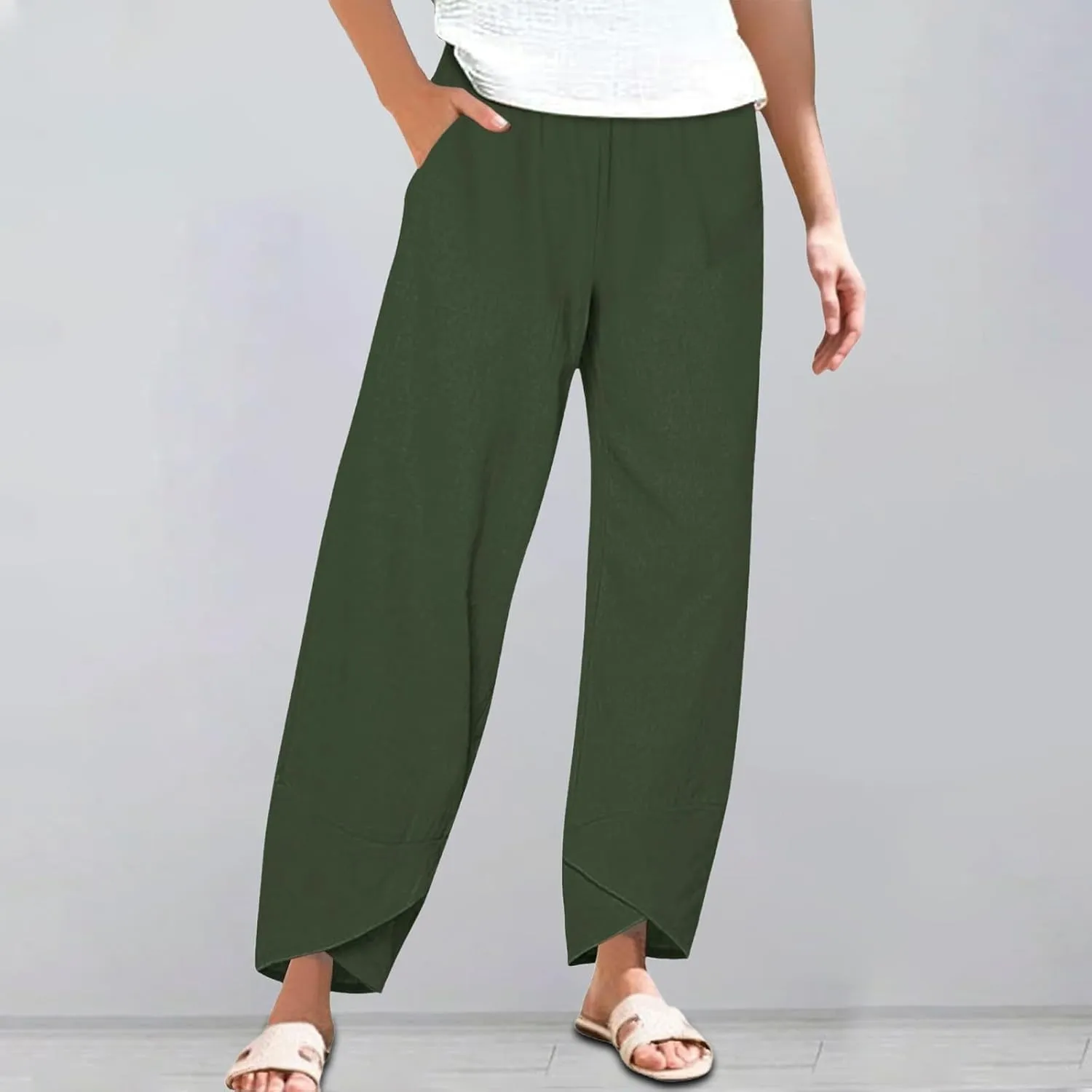 Cotton Linen Pants for Women Summer Casual Capri Pants High Waist Elastic Comfy Loose Palazzo Trousers with Pockets