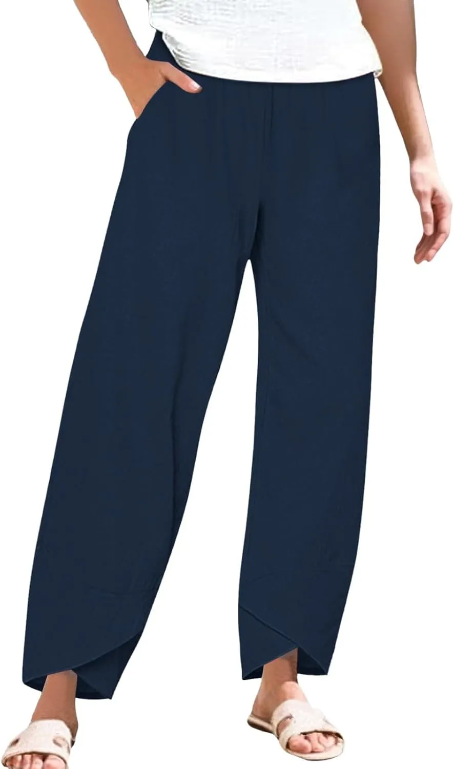 Cotton Linen Pants for Women Summer Casual Capri Pants High Waist Elastic Comfy Loose Palazzo Trousers with Pockets