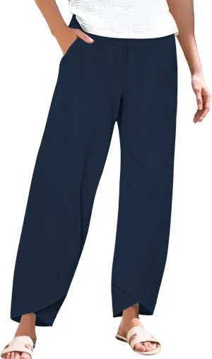 Cotton Linen Pants for Women Summer Casual Capri Pants High Waist Elastic Comfy Loose Palazzo Trousers with Pockets