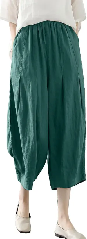 Cotton Linen Pants for Women Summer Casual Capri Pants Waist Elastic Comfy Loose Women's Palazzo Trousers with Pockets
