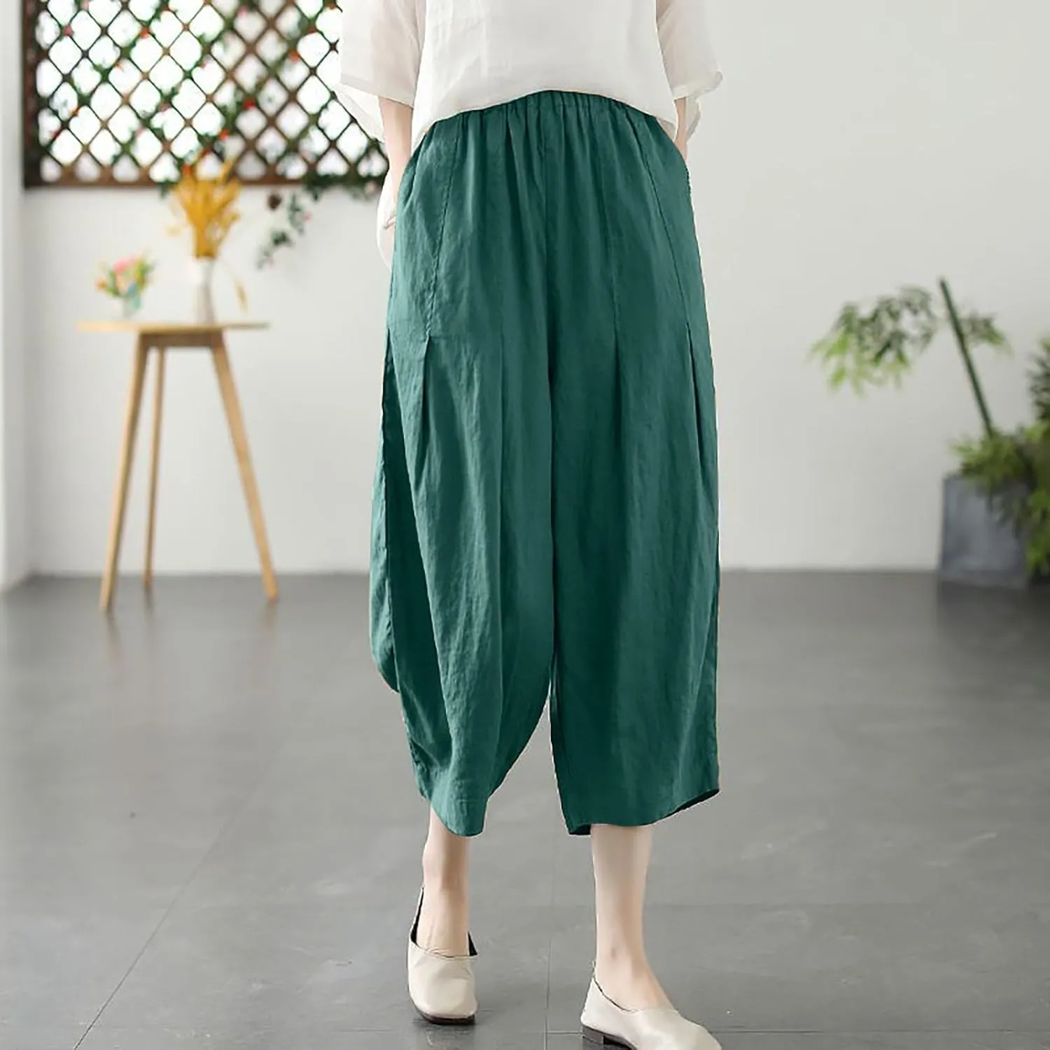 Cotton Linen Pants for Women Summer Casual Capri Pants Waist Elastic Comfy Loose Women's Palazzo Trousers with Pockets