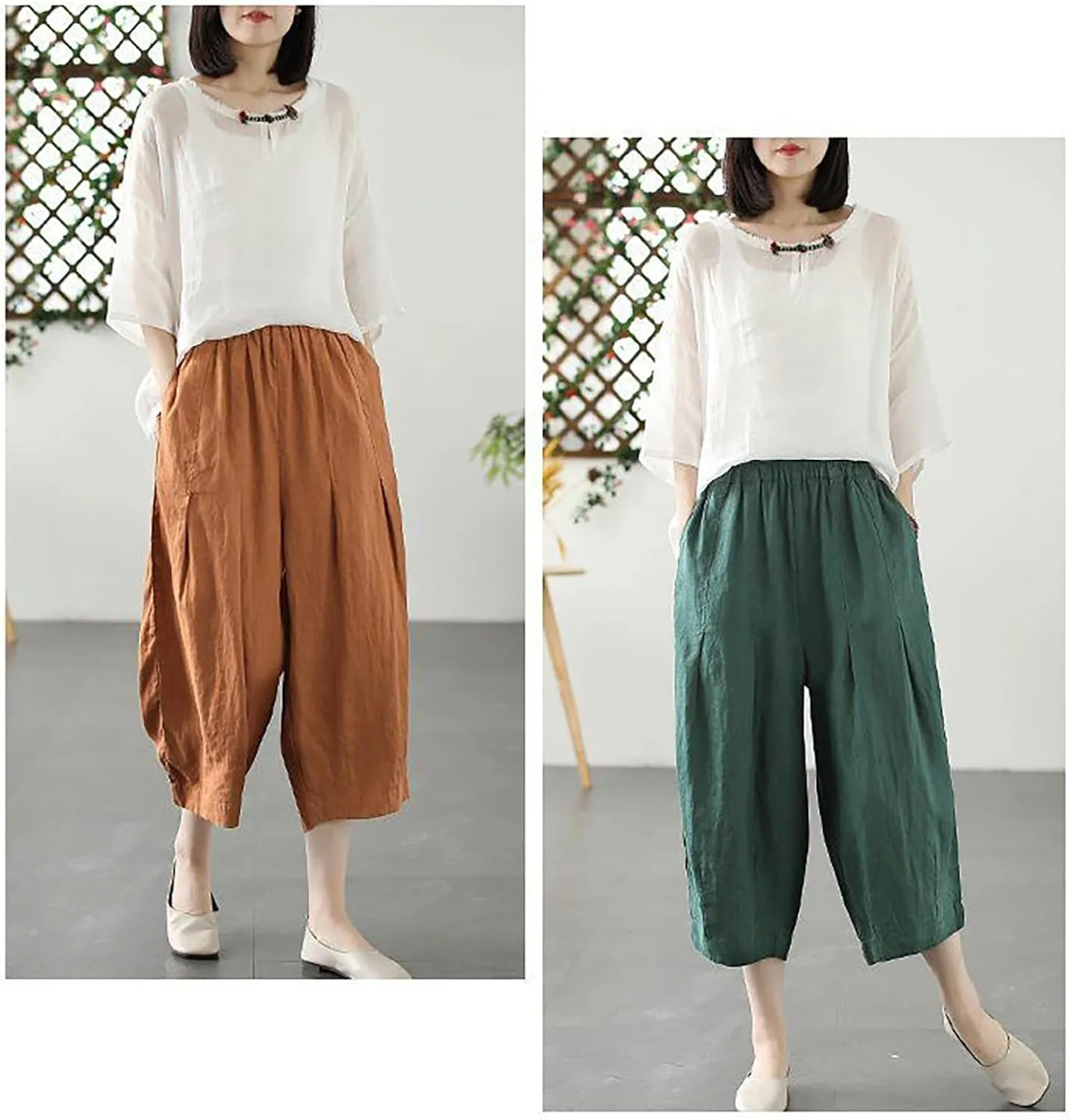 Cotton Linen Pants for Women Summer Casual Capri Pants Waist Elastic Comfy Loose Women's Palazzo Trousers with Pockets