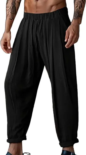 CRNTCEM Loose Fit Beach Pants for Men Drastring Pant Lightweight Summer Casual Linen Pant Elastic Waist Sports Golf Sweatpant