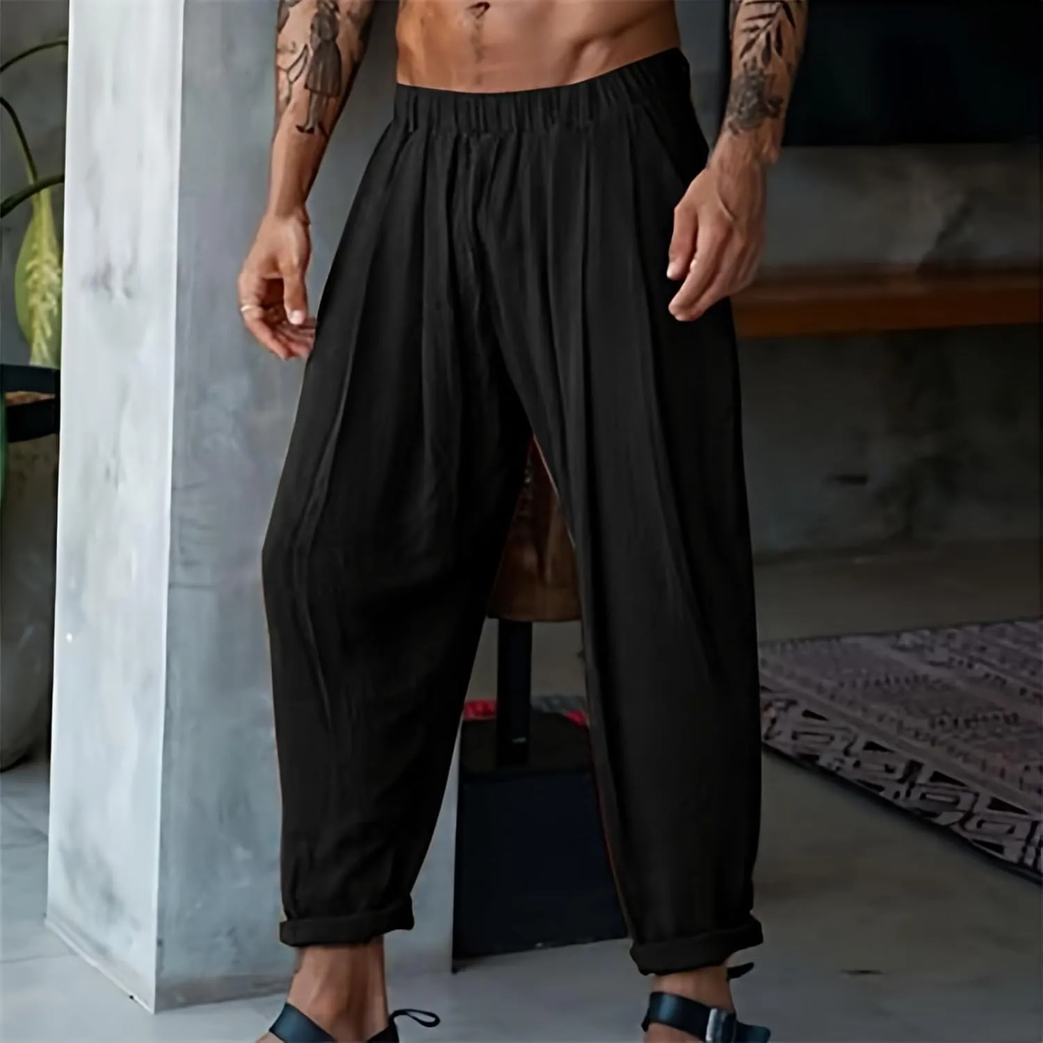 CRNTCEM Loose Fit Beach Pants for Men Drastring Pant Lightweight Summer Casual Linen Pant Elastic Waist Sports Golf Sweatpant