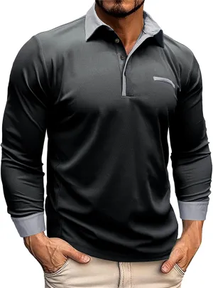 CRNTCEM Mens Long Sleeves Button Up Polo Shirts Chinos Cotton Slim Fit Tennis Shirts Lapel Collar Business Work Golf Teeshirt