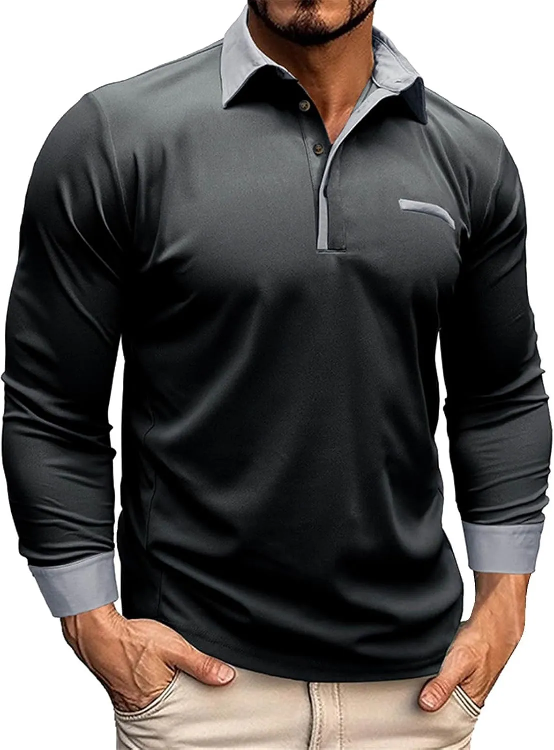 CRNTCEM Mens Long Sleeves Button Up Polo Shirts Chinos Cotton Slim Fit Tennis Shirts Lapel Collar Business Work Golf Teeshirt