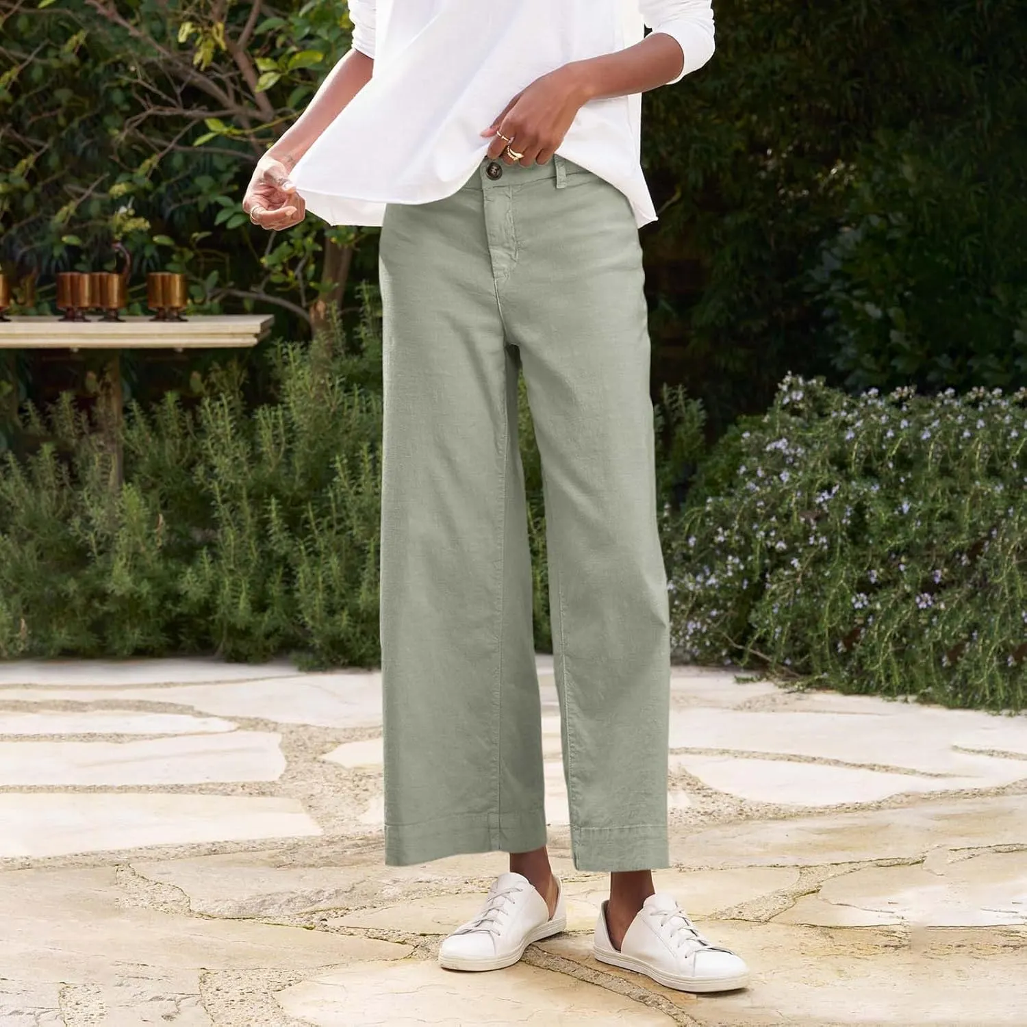 Cropped Linen Pants for Women Spring Summer Straight Leg Slacks Casual Wide Leg Daily Work Trousers with Pockets