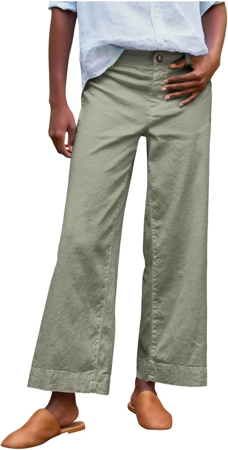 Cropped Linen Pants for Women Spring Summer Straight Leg Slacks Casual Wide Leg Daily Work Trousers with Pockets