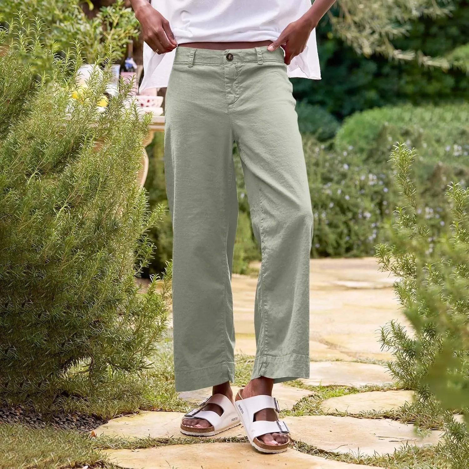 Cropped Linen Pants for Women Spring Summer Straight Leg Slacks Casual Wide Leg Daily Work Trousers with Pockets