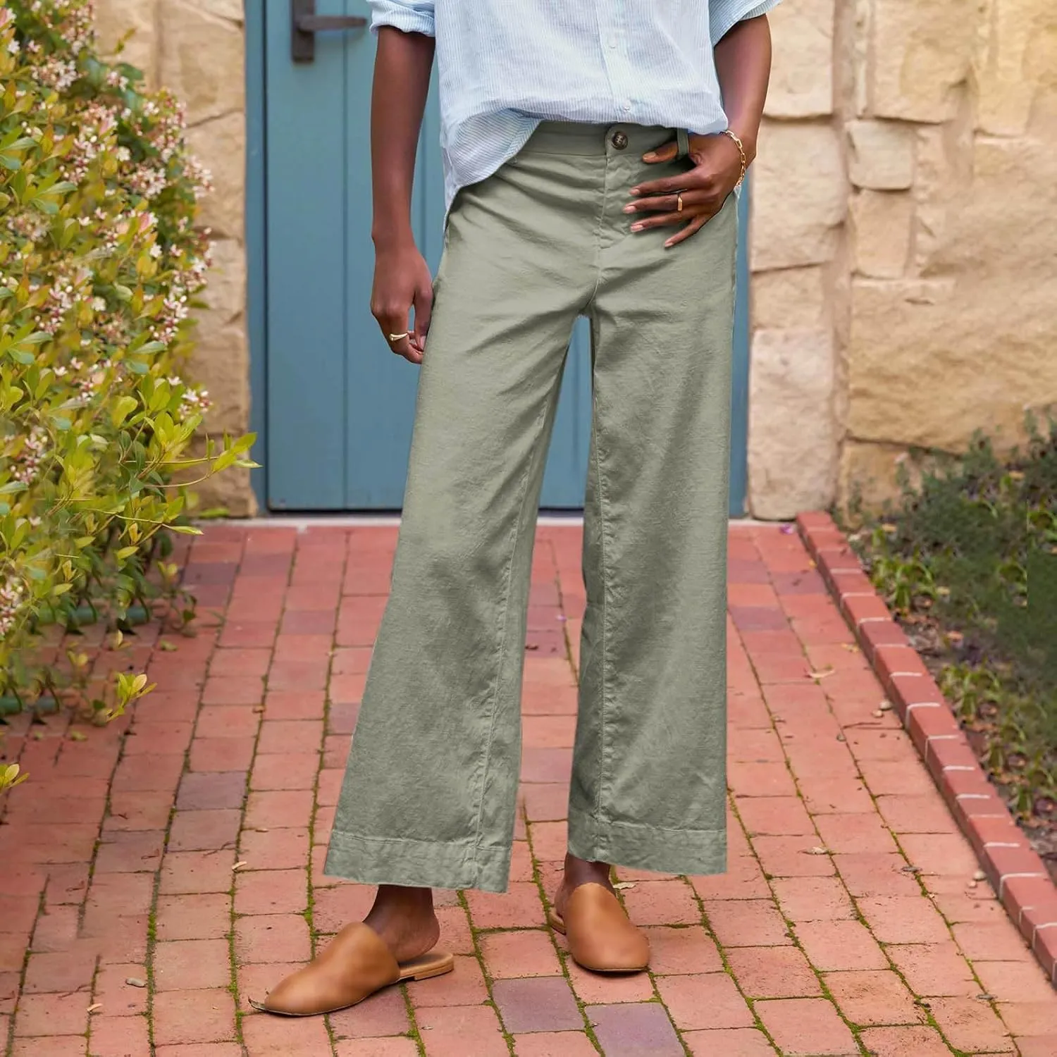 Cropped Linen Pants for Women Spring Summer Straight Leg Slacks Casual Wide Leg Daily Work Trousers with Pockets