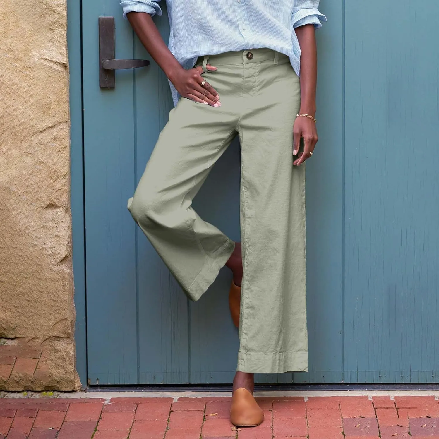 Cropped Linen Pants for Women Spring Summer Straight Leg Slacks Casual Wide Leg Daily Work Trousers with Pockets