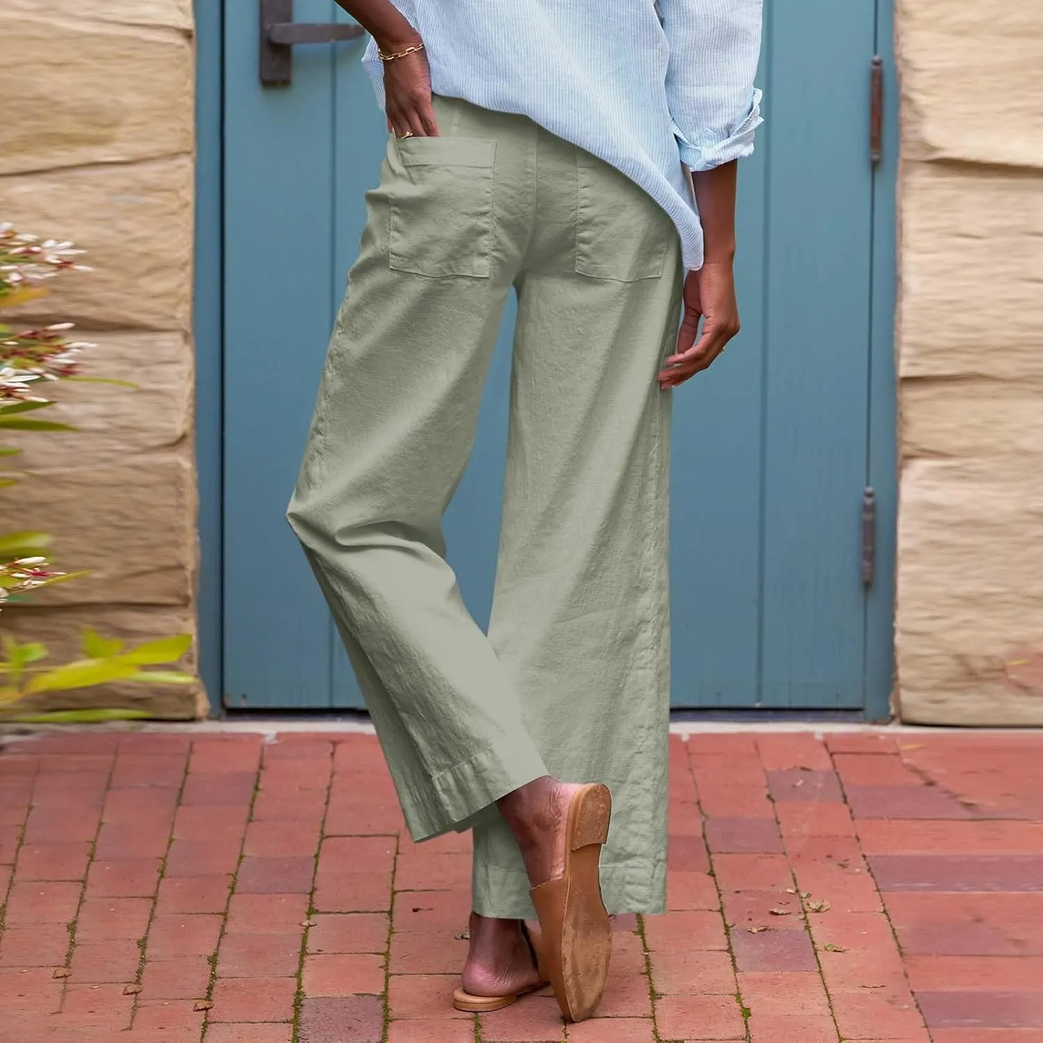 Cropped Linen Pants for Women Spring Summer Straight Leg Slacks Casual Wide Leg Daily Work Trousers with Pockets