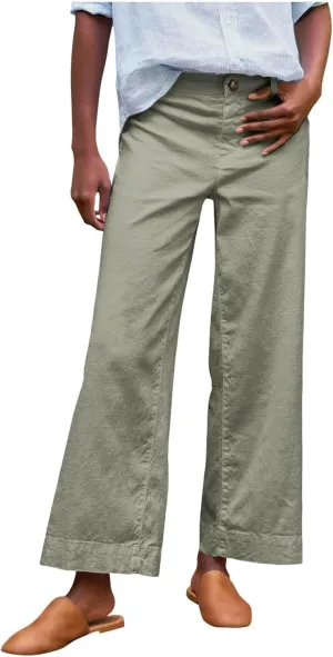 Cropped Linen Pants for Women Spring Summer Straight Leg Slacks Casual Wide Leg Daily Work Trousers with Pockets