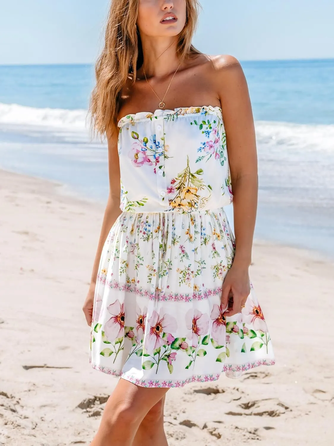 CUPSHE Women's Mini Dress Strapless Ruffled Sleeveless Floral Belted A Line Short Beach Summer Dresses 2025