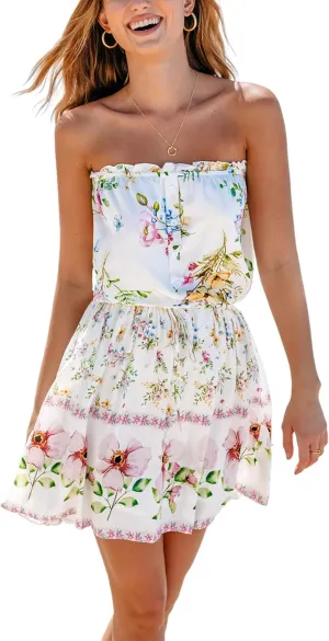 CUPSHE Women's Mini Dress Strapless Ruffled Sleeveless Floral Belted A Line Short Beach Summer Dresses 2025