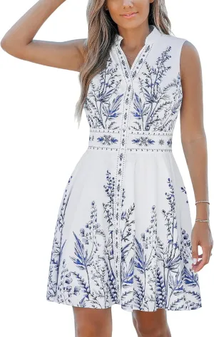 CUPSHE Women's Mini Dresses V Neck Summer Beach Floral Sleeveless Formal Short Dress Flowy Casual Wedding Guest Dress