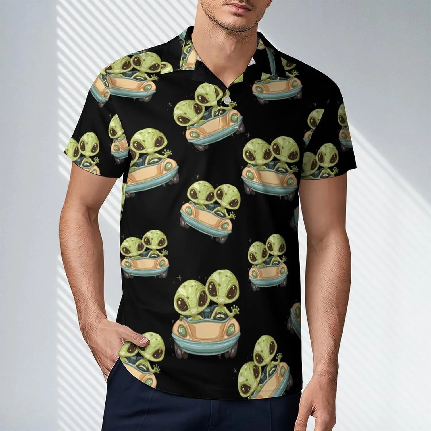 Cute Aliens in Car Men's Polo Shirt Short Sleeve Casual Athletic Quick Dry Golf T-Shirts