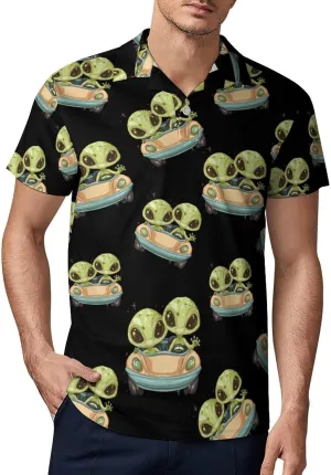 Cute Aliens in Car Men's Polo Shirt Short Sleeve Casual Athletic Quick Dry Golf T-Shirts