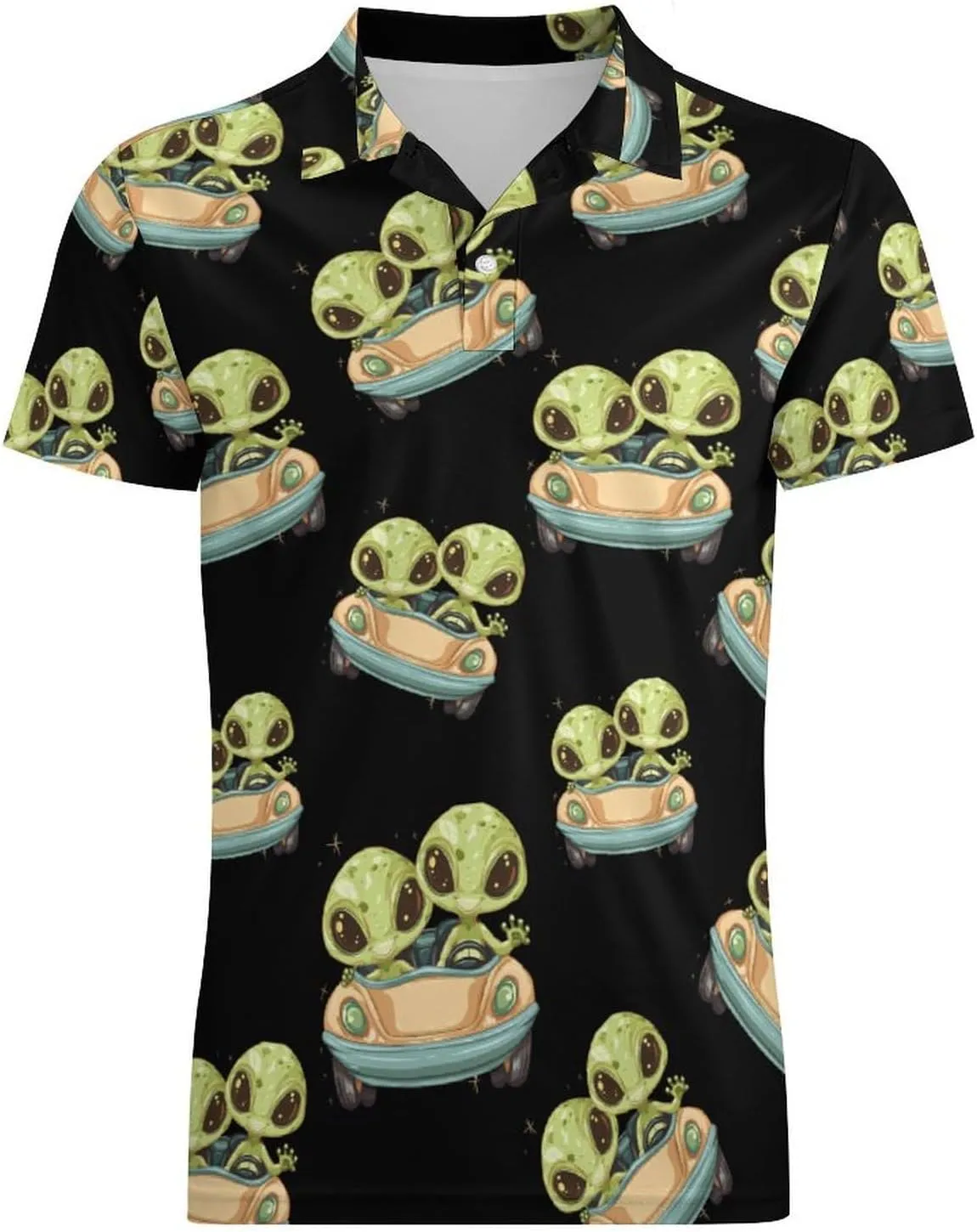 Cute Aliens in Car Men's Polo Shirt Short Sleeve Casual Athletic Quick Dry Golf T-Shirts
