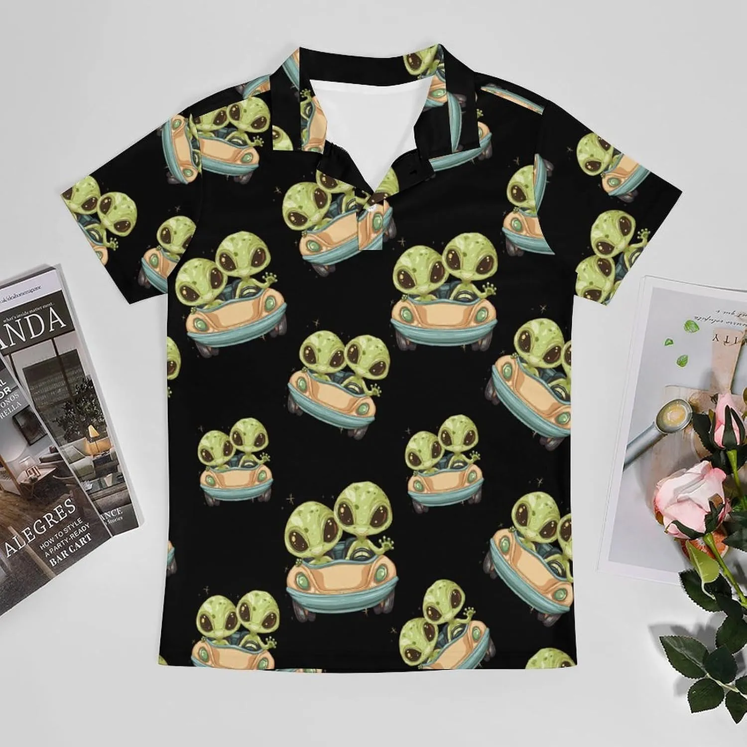 Cute Aliens in Car Men's Polo Shirt Short Sleeve Casual Athletic Quick Dry Golf T-Shirts
