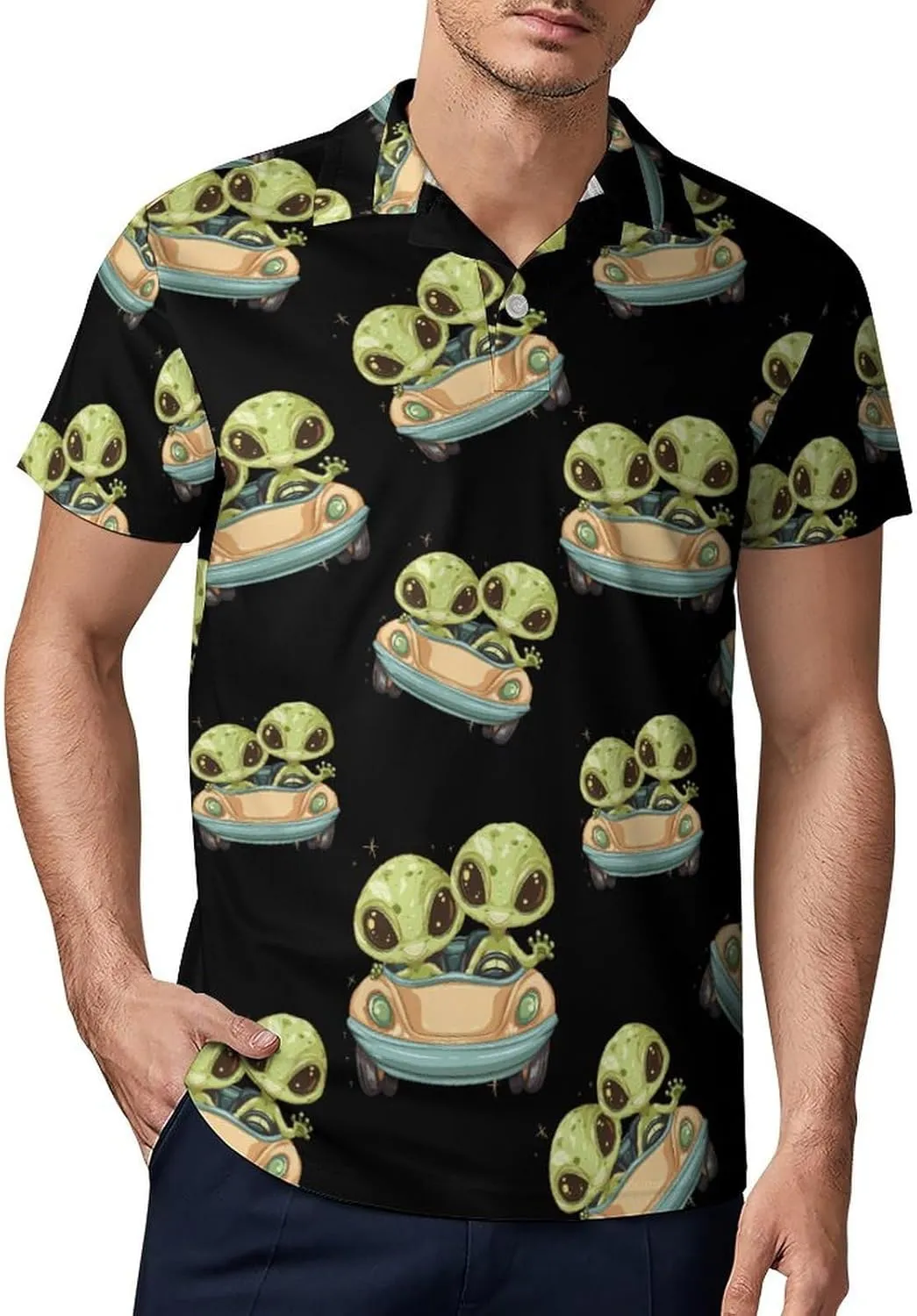 Cute Aliens in Car Men's Polo Shirt Short Sleeve Casual Athletic Quick Dry Golf T-Shirts