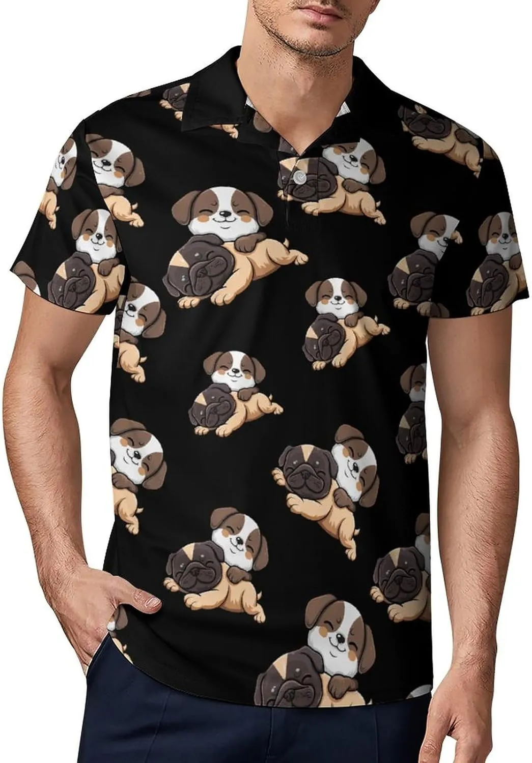 Cute Pug Puppy Dogs Men's Polo Shirt Short Sleeve Casual Athletic Quick Dry Golf T-Shirts