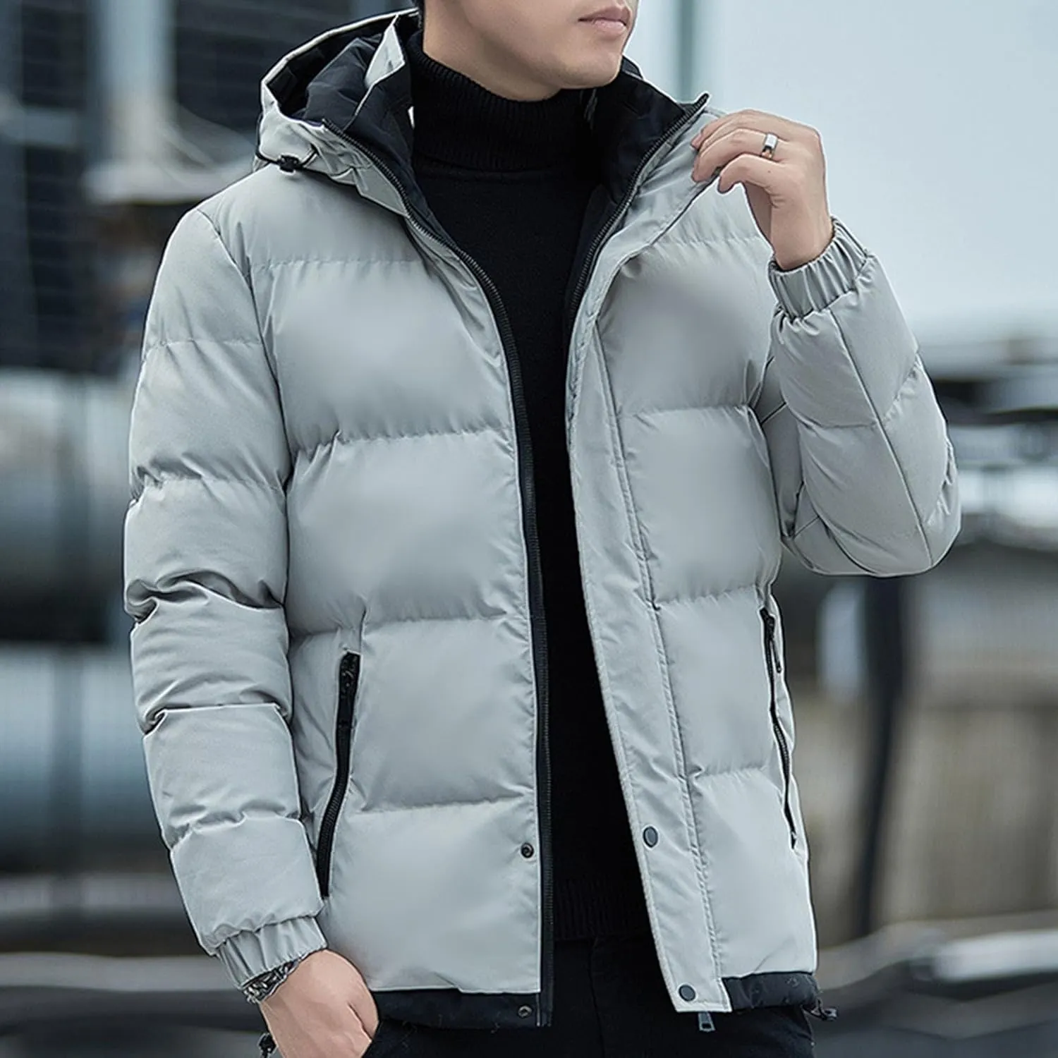 DGHM-JLMY Men's Stand Collar Zipper Winter Cargo Coat Hooded Hiking Thickened Warm Down Jacket Loose Color Block Down Coats