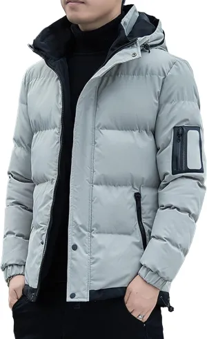DGHM-JLMY Men's Stand Collar Zipper Winter Cargo Coat Hooded Hiking Thickened Warm Down Jacket Loose Color Block Down Coats