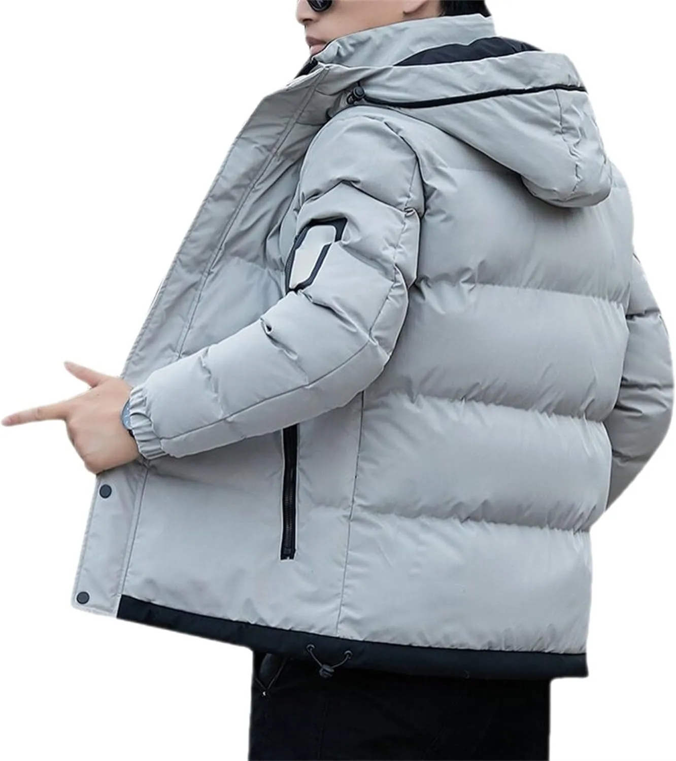 DGHM-JLMY Men's Stand Collar Zipper Winter Cargo Coat Hooded Hiking Thickened Warm Down Jacket Loose Color Block Down Coats
