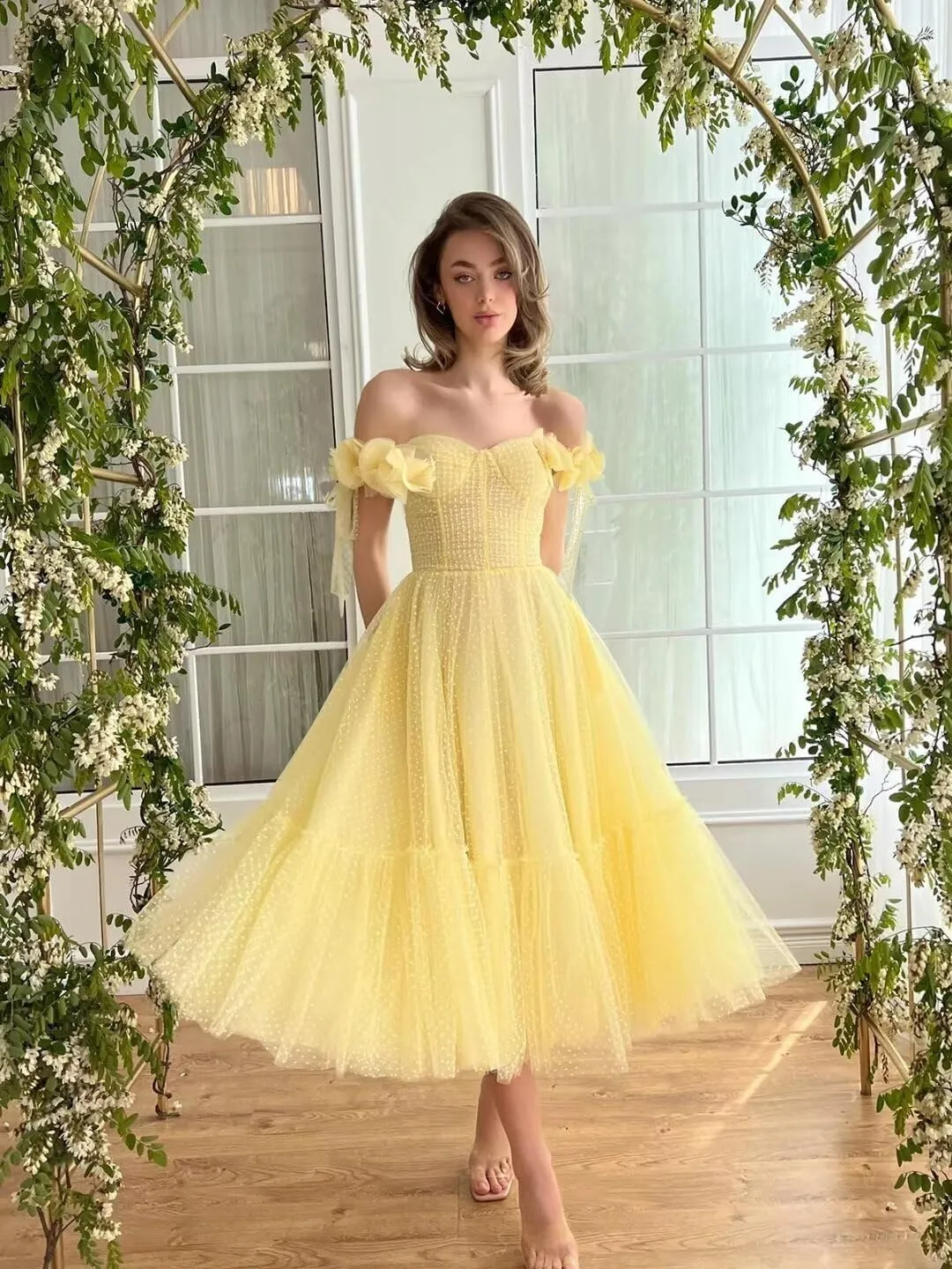 Dotted Tulle Off Shoulder Prom Dress for Women Sweetheart Midi Formal Party Gowns