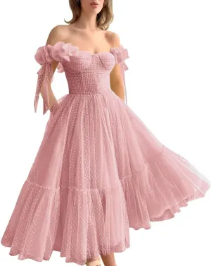 Dotted Tulle Off Shoulder Prom Dress for Women Sweetheart Midi Formal Party Gowns