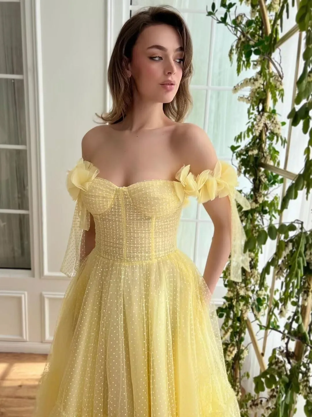 Dotted Tulle Off Shoulder Prom Dress for Women Sweetheart Midi Formal Party Gowns