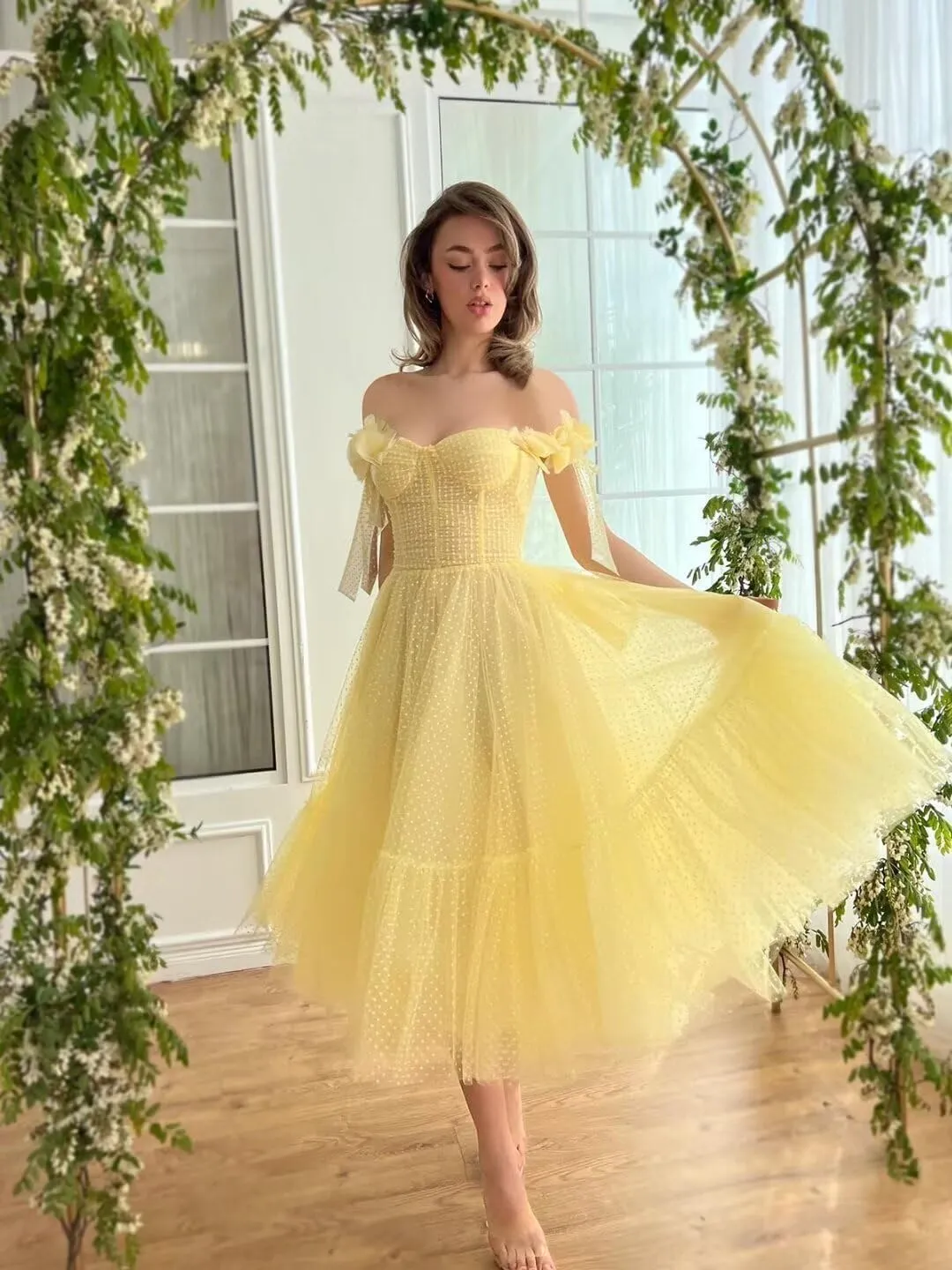 Dotted Tulle Off Shoulder Prom Dress for Women Sweetheart Midi Formal Party Gowns