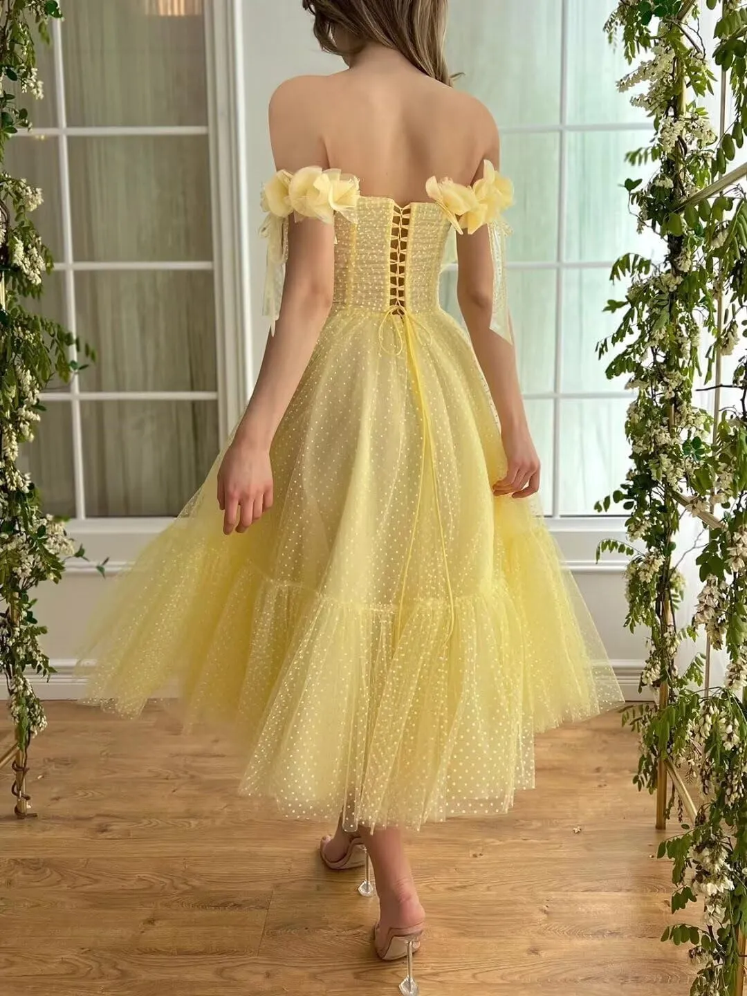 Dotted Tulle Off Shoulder Prom Dress for Women Sweetheart Midi Formal Party Gowns