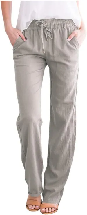 Drawstring Pants for Women Summer Cotton Linen Straight Leg Pants Comfy Loose Fit Work Trousers with Pockets