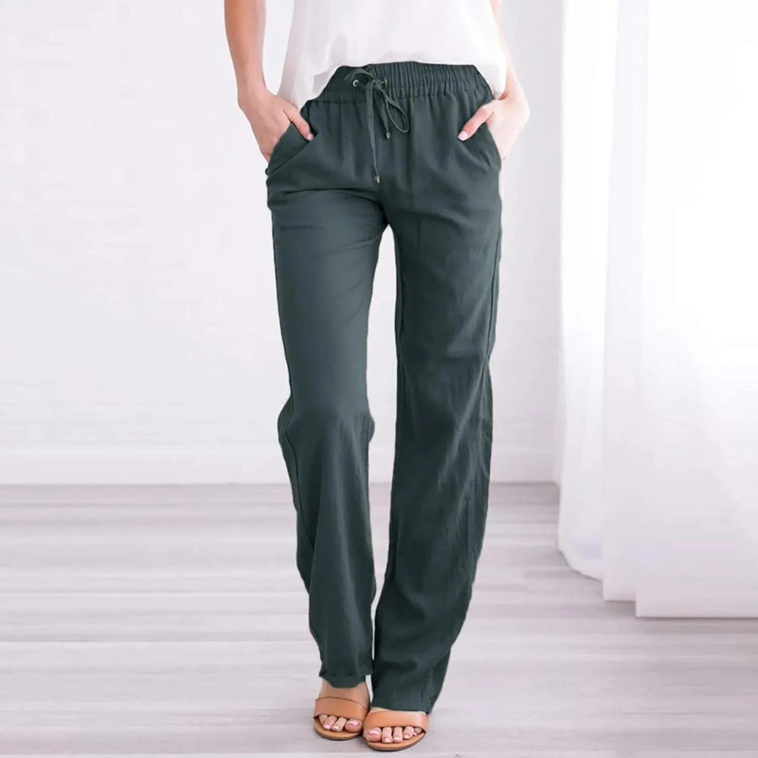 Drawstring Pants for Women Summer Cotton Linen Straight Leg Pants Comfy Loose Fit Work Trousers with Pockets