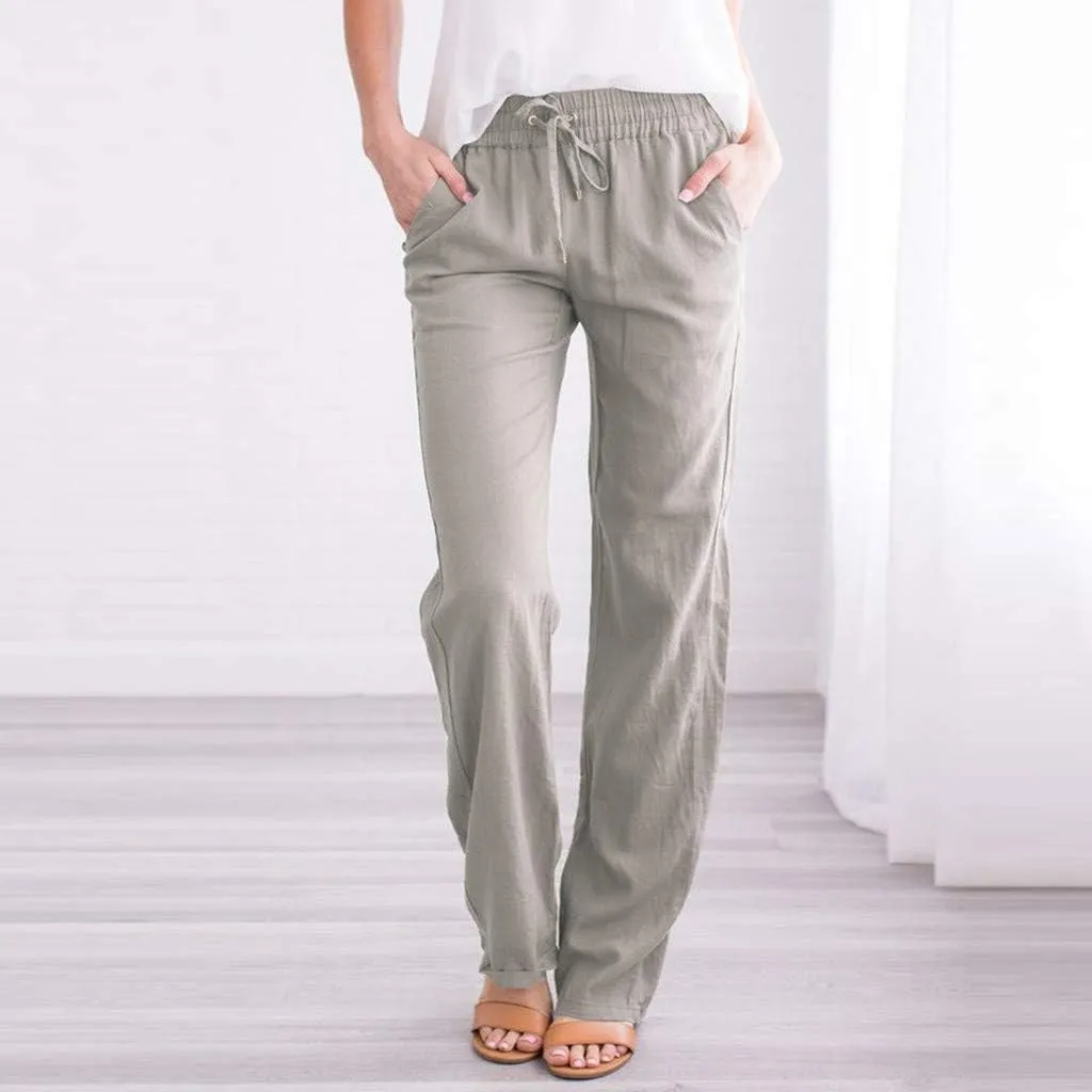 Drawstring Pants for Women Summer Cotton Linen Straight Leg Pants Comfy Loose Fit Work Trousers with Pockets