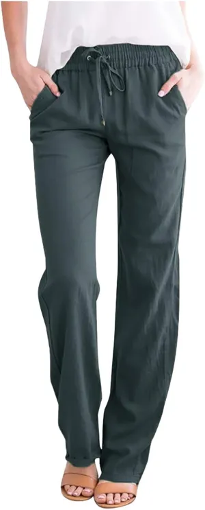 Drawstring Pants for Women Summer Cotton Linen Straight Leg Pants Comfy Loose Fit Work Trousers with Pockets