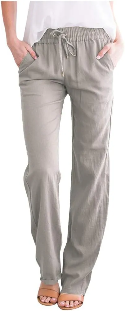 Drawstring Pants for Women Summer Cotton Linen Straight Leg Pants Comfy Loose Fit Work Trousers with Pockets