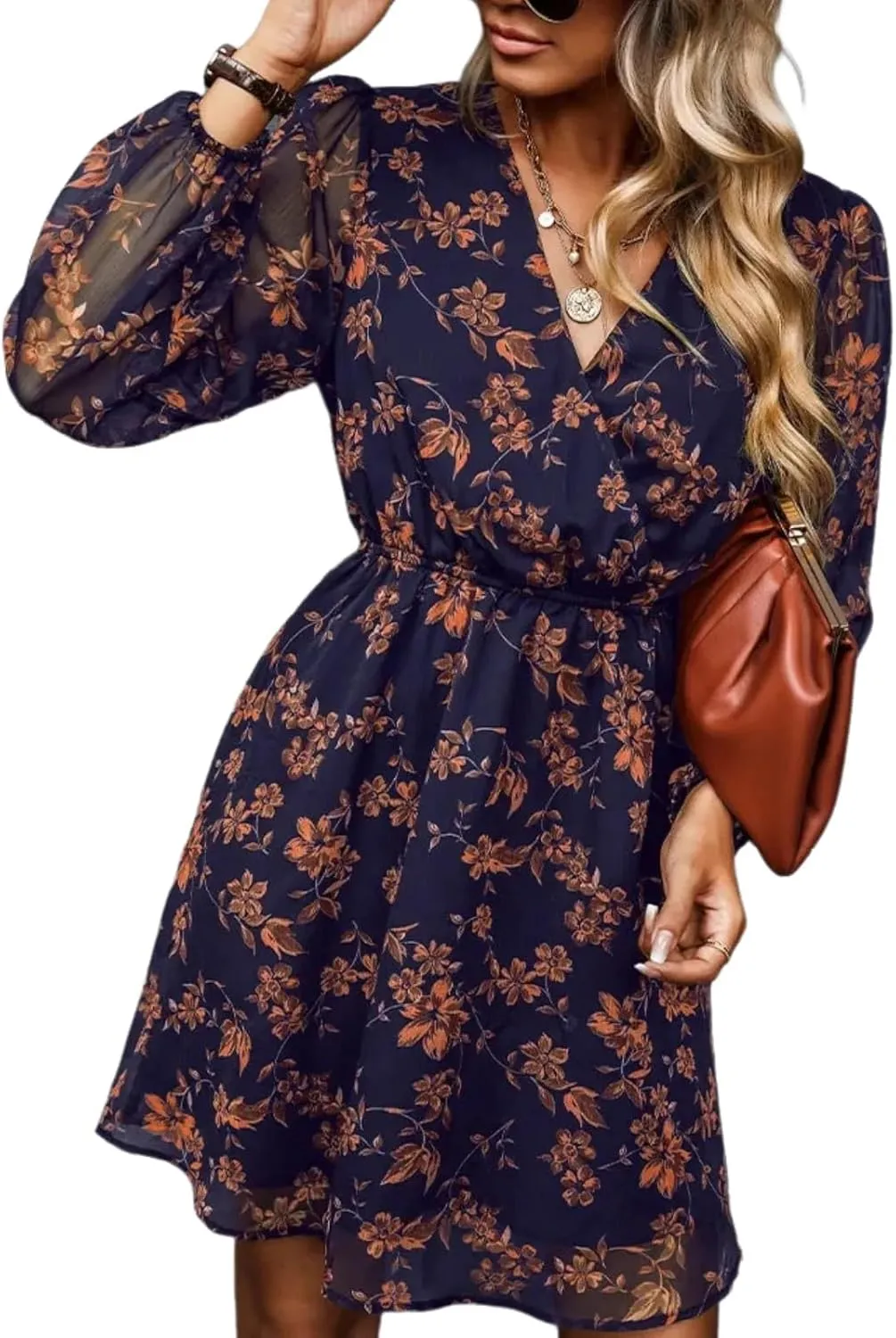 Dress for Women Long Sleeve Ruffle Floral Summer Deep V Neck 2025 Flowy Mini Dress