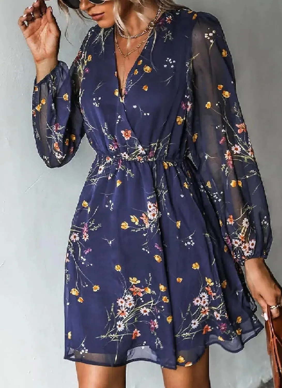 Dress for Women Long Sleeve Summer Deep V Neck 2025 Ruffle Floral Flowy Mini Dress