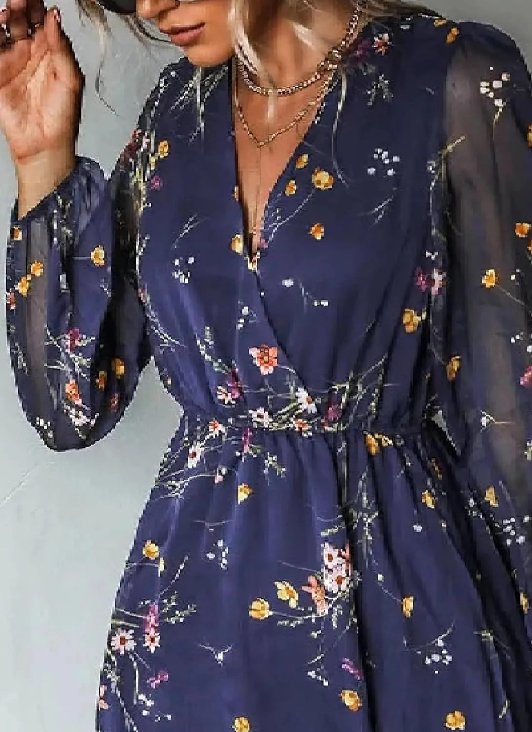 Dress for Women Long Sleeve Summer Deep V Neck 2025 Ruffle Floral Flowy Mini Dress