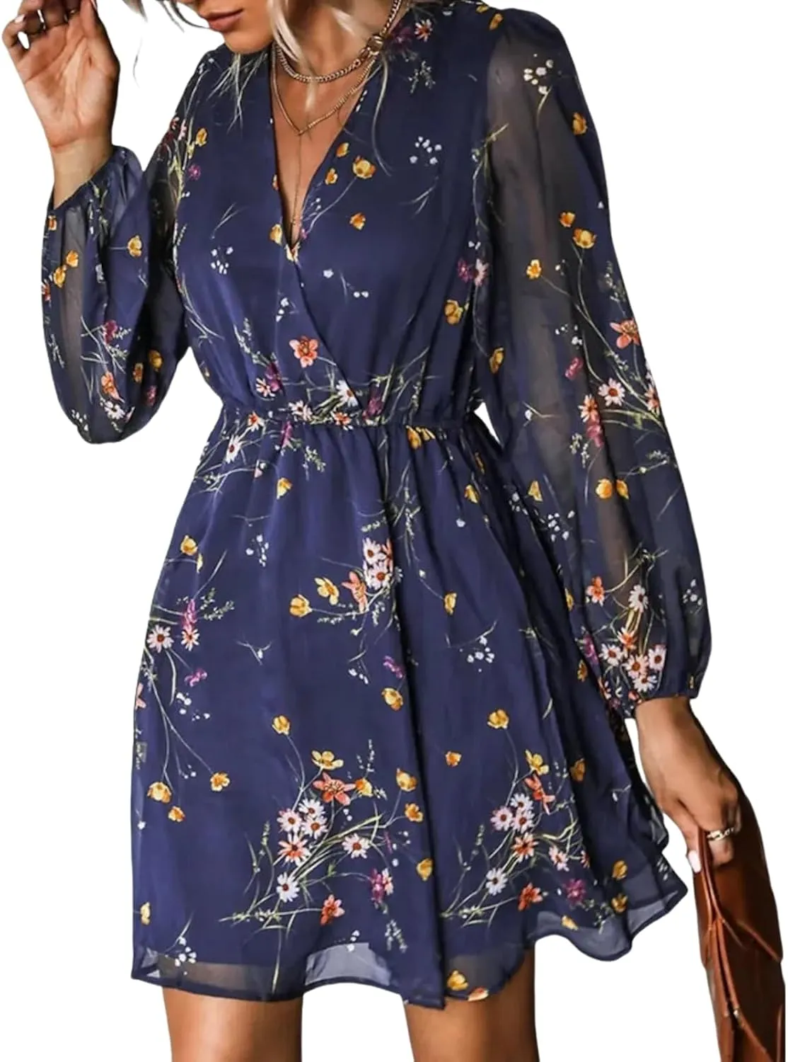Dress for Women Long Sleeve Summer Deep V Neck 2025 Ruffle Floral Flowy Mini Dress